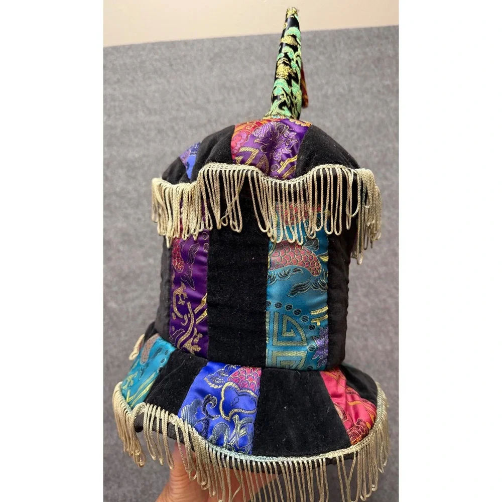 Colorful Renaissance Velvet Patchwork Jester Hat with Gold Fringe and Tassel